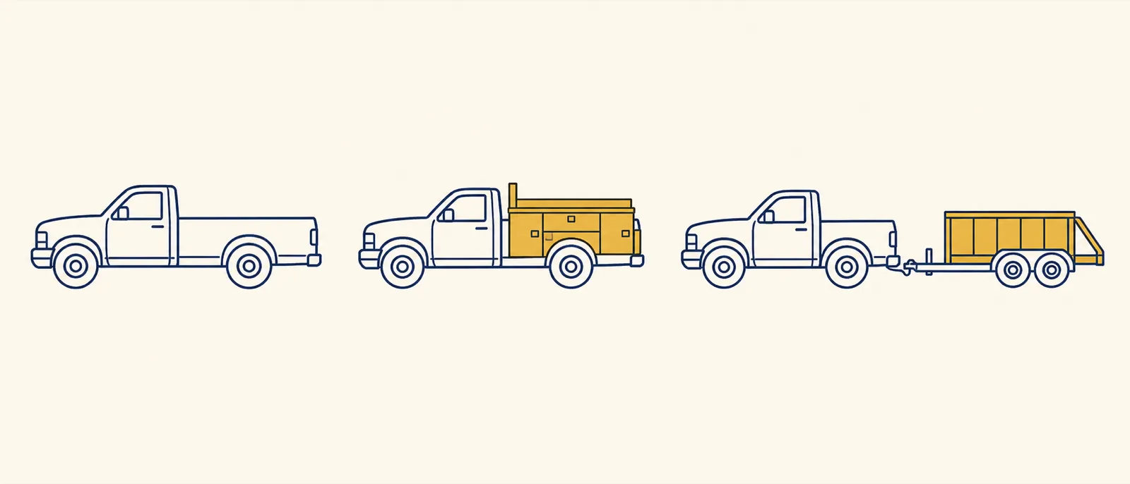 Three pickup trucks in a row: one with an empty bed, one carrying a service body, and one towing a trailer.