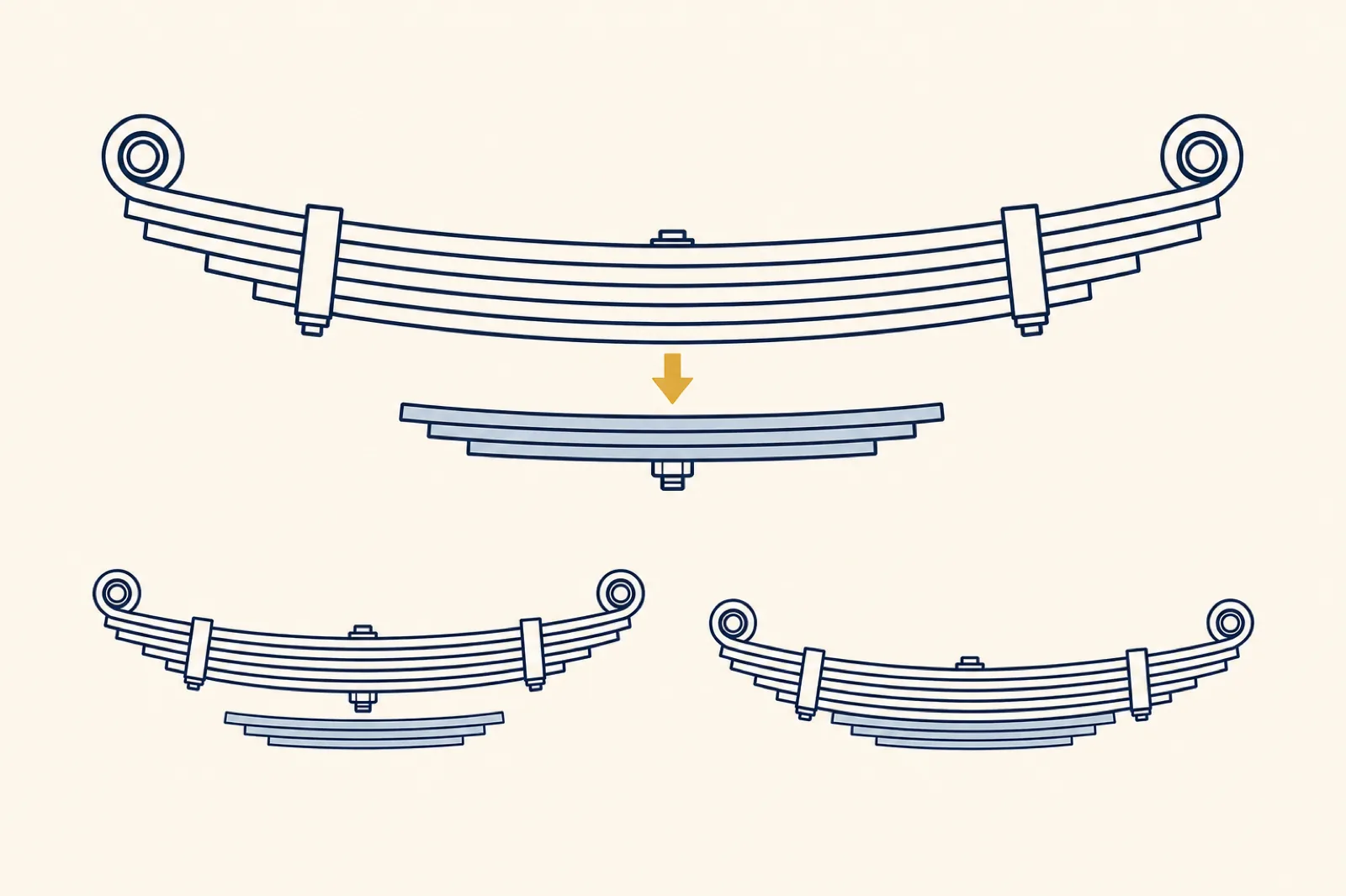 Two-stage leaf spring diagram: the main pack above, an arrow pointing down to the shorter second-stage leaves, and two smaller states below showing the gap open when unloaded and closed under load.