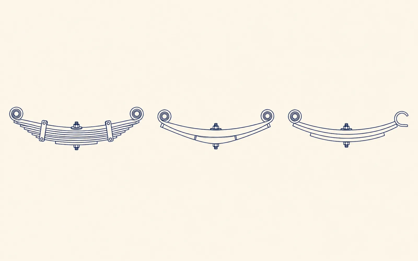 Three leaf spring types side by side: a multi-leaf pack with stacked leaves and clips, a full taper spring with two thick tapered leaves, and a short three-leaf trailer spring with an open hook end.