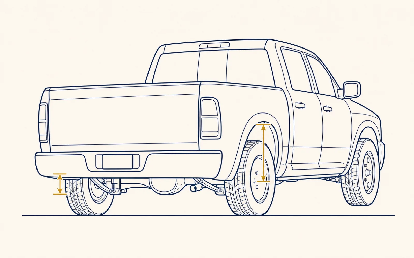 Rear view of a pickup truck sitting visibly lower on one rear corner, with a vertical measurement line at each rear wheel from hub center to fender lip.